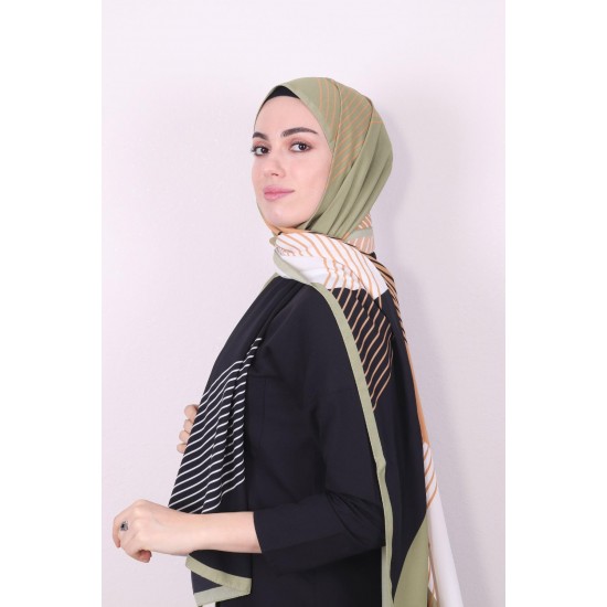 MODAKAŞMİR ÇİZGİ DESENLİ MEDİNE İPEĞİ ŞAL YEŞİL